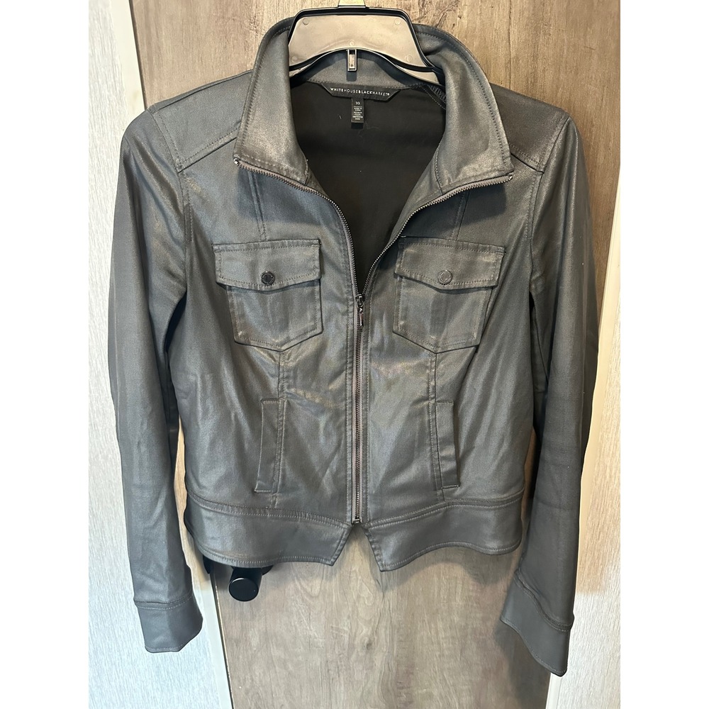 White House Black Market Pewter Metallic Coated Moto Jacket Grey Size 10 Zip